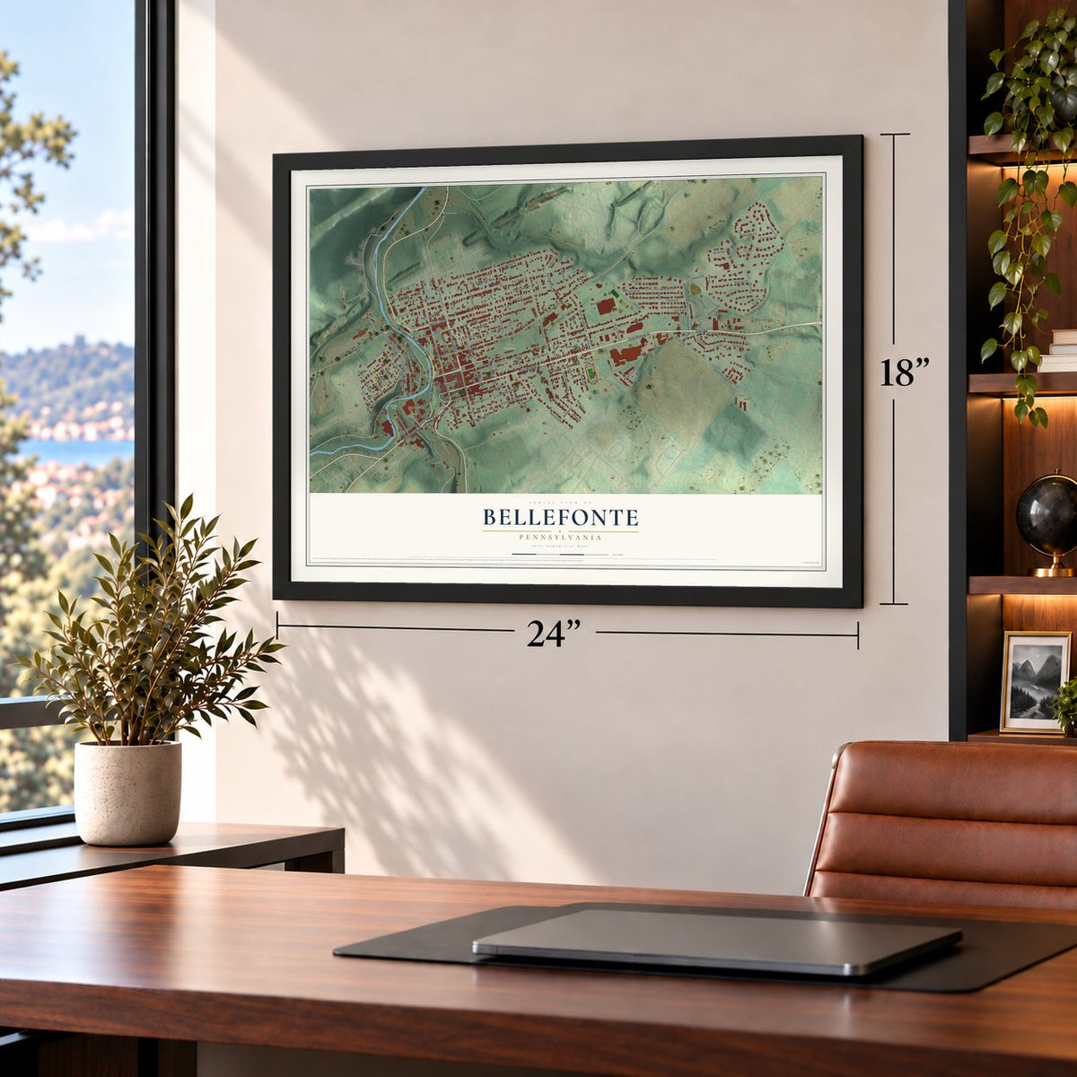 Bellefonte, Pennsylvania map, 18 x 24 inch print in a black frame in a home office