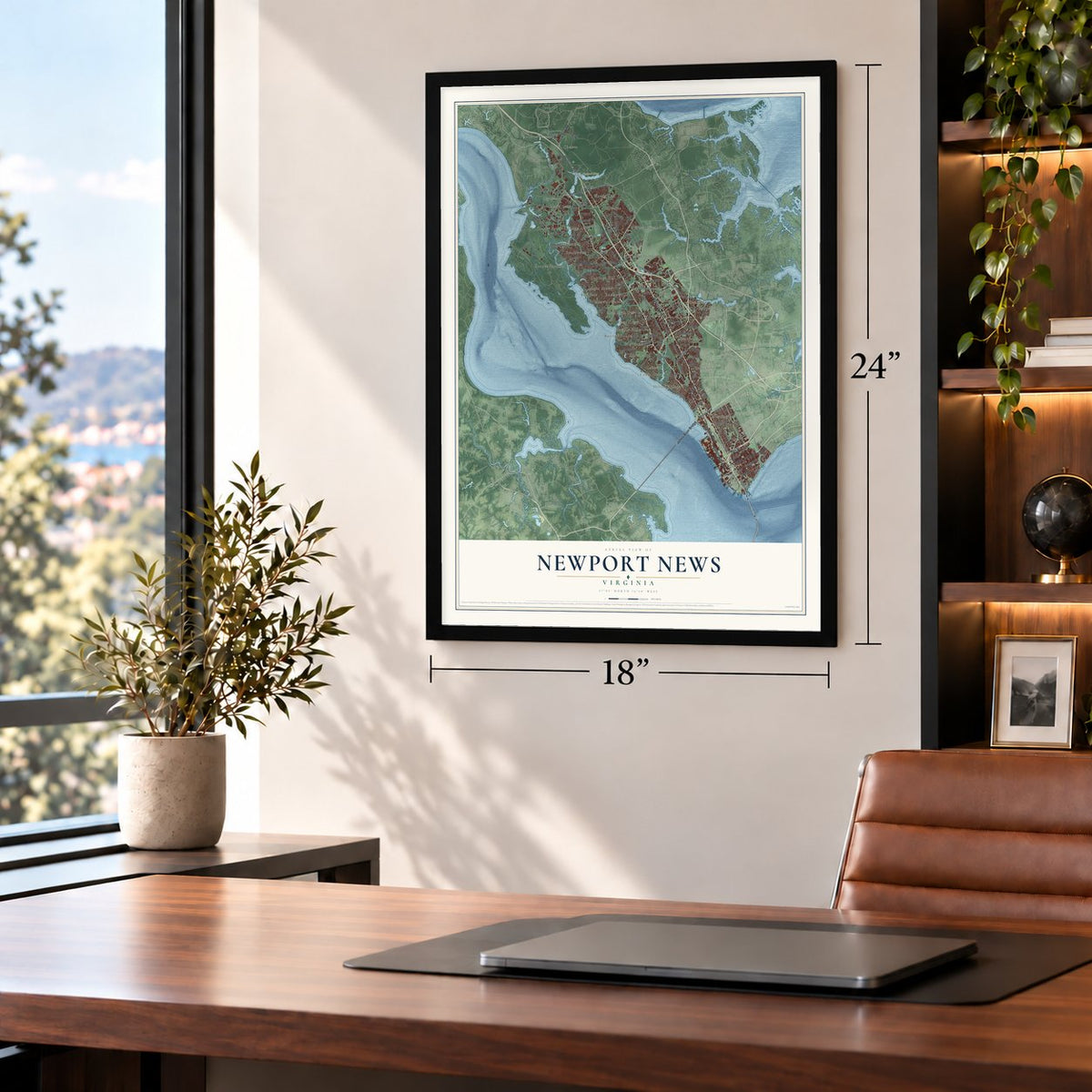 Newport News, Virginia map, 18 x 24 inch print in a black frame in a home office