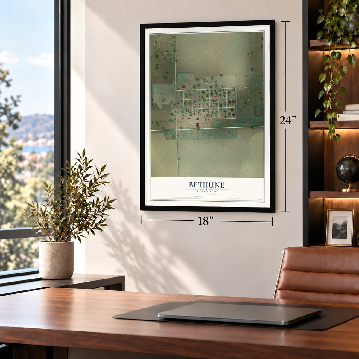 Bethune, Colorado map, 18 x 24 inch print in a black frame in a home office