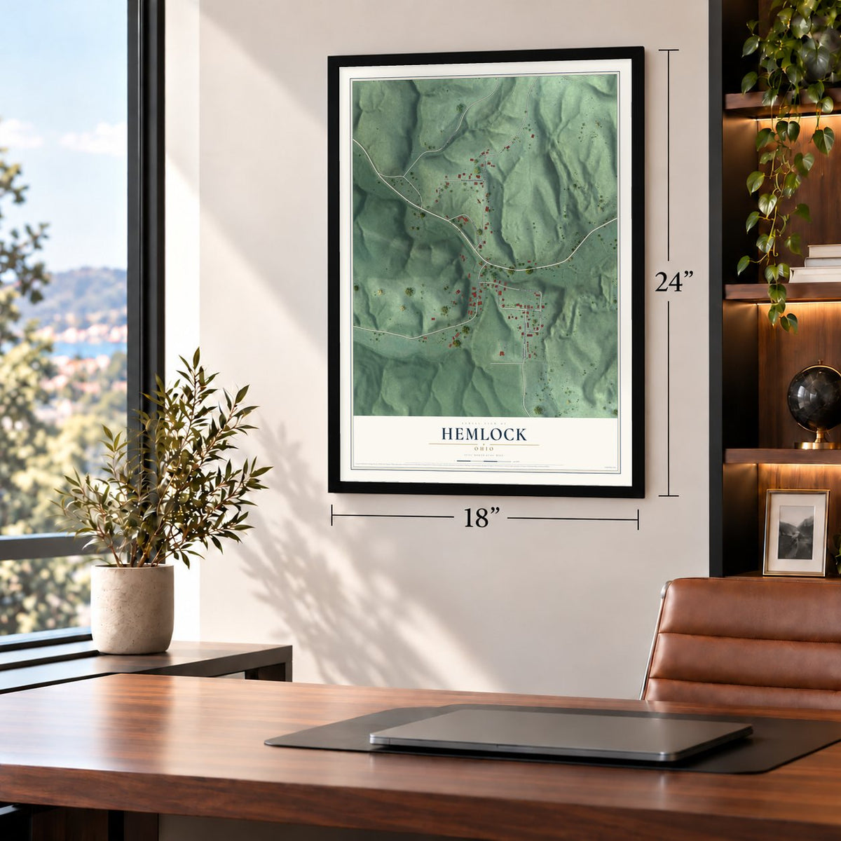 Hemlock, Ohio map, 18 x 24 inch print in a black frame in a home office