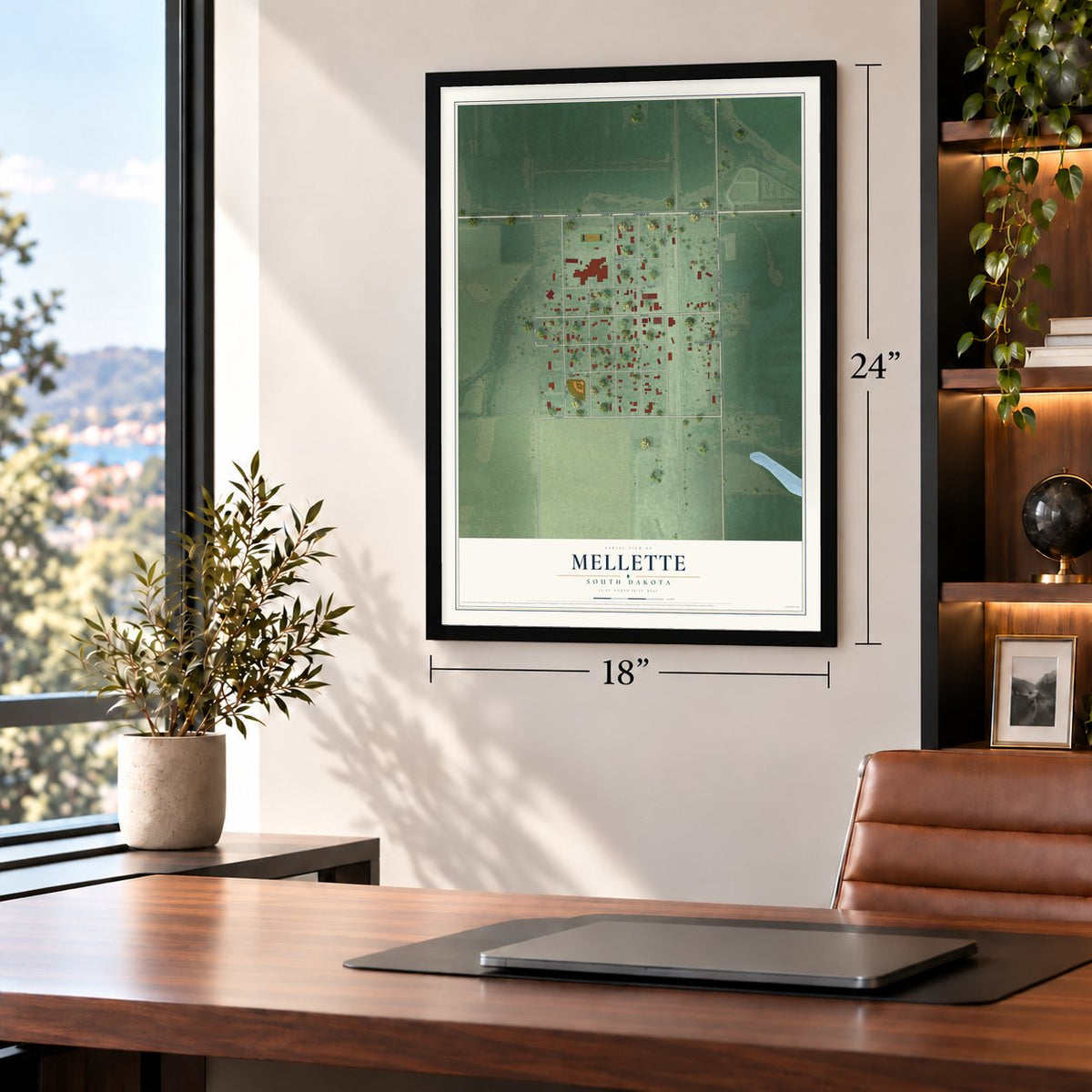 Mellette, South Dakota map, 18 x 24 inch print in a black frame in a home office
