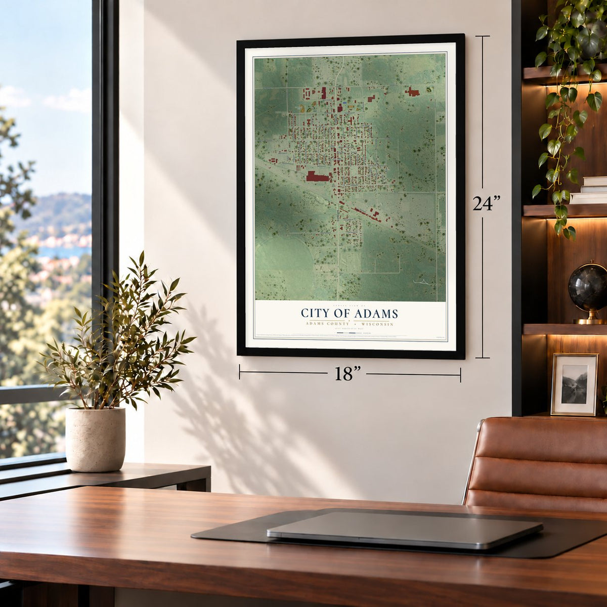 Adams, Wisconsin map, 18 x 24 inch print in a black frame in a home office