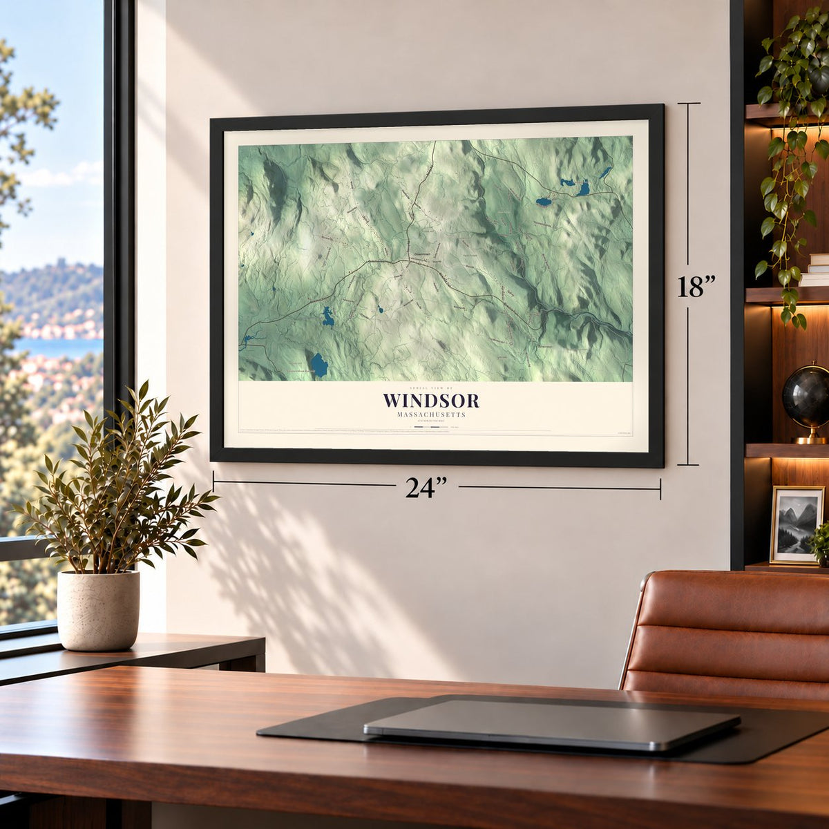 Windsor, Massachusetts map, 18 x 24 inch print in a black frame in a home office