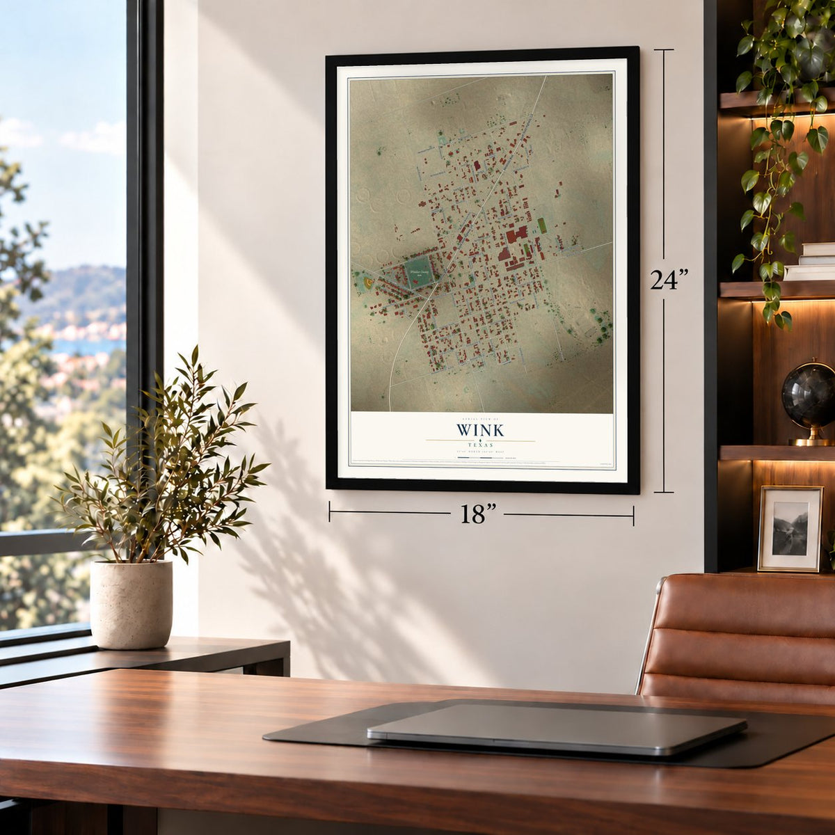 Wink, Texas map, 18 x 24 inch print in a black frame in a home office