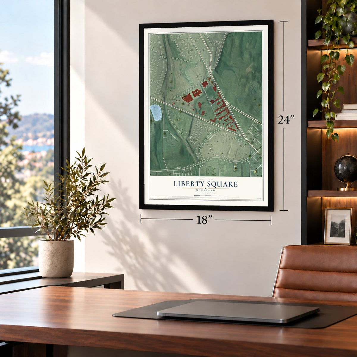 Liberty Square, Maryland map, 18 x 24 inch print in a black frame in a home office