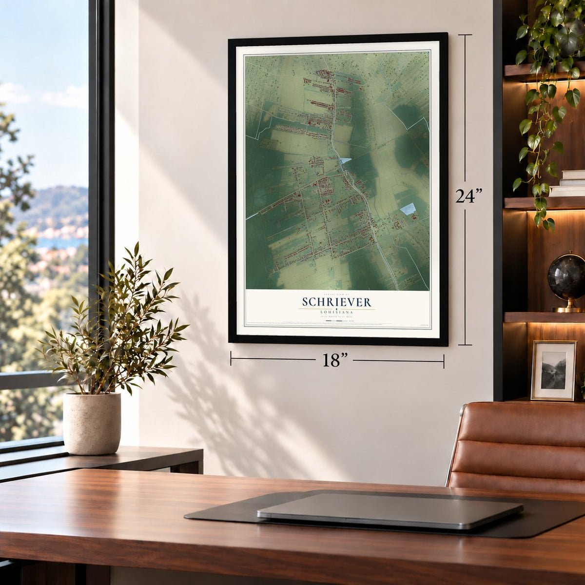 Schriever, Louisiana map, 18 x 24 inch print in a black frame in a home office