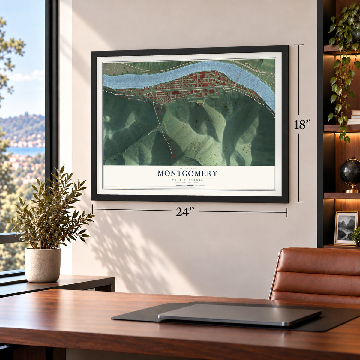 Montgomery, West Virginia map, 18 x 24 inch print in a black frame in a home office