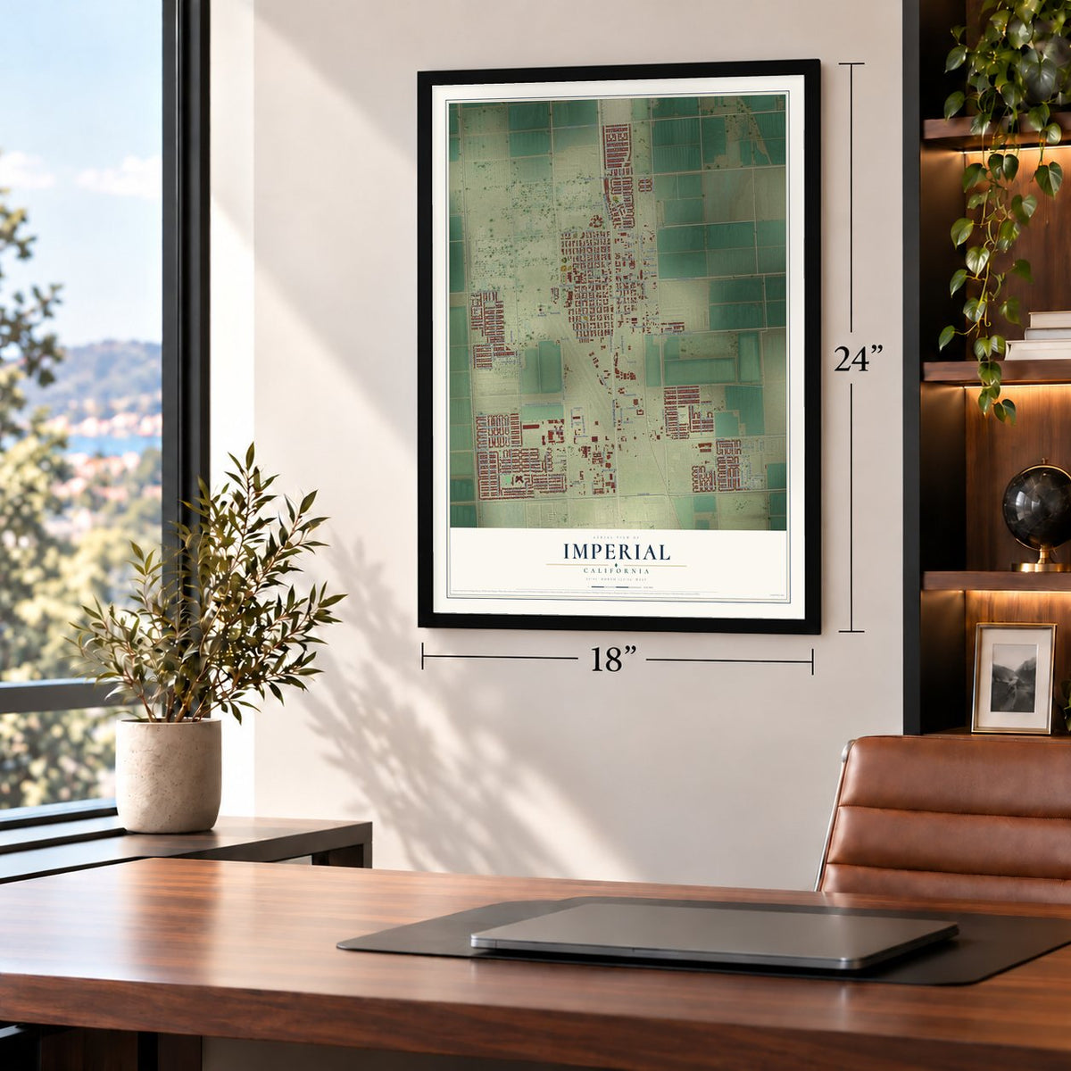 Imperial, California map, 18 x 24 inch print in a black frame in a home office
