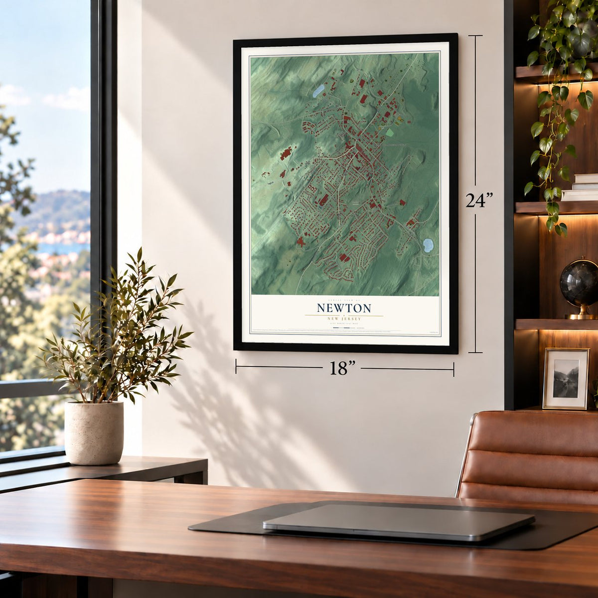 Newton, New Jersey map, 18 x 24 inch print in a black frame in a home office