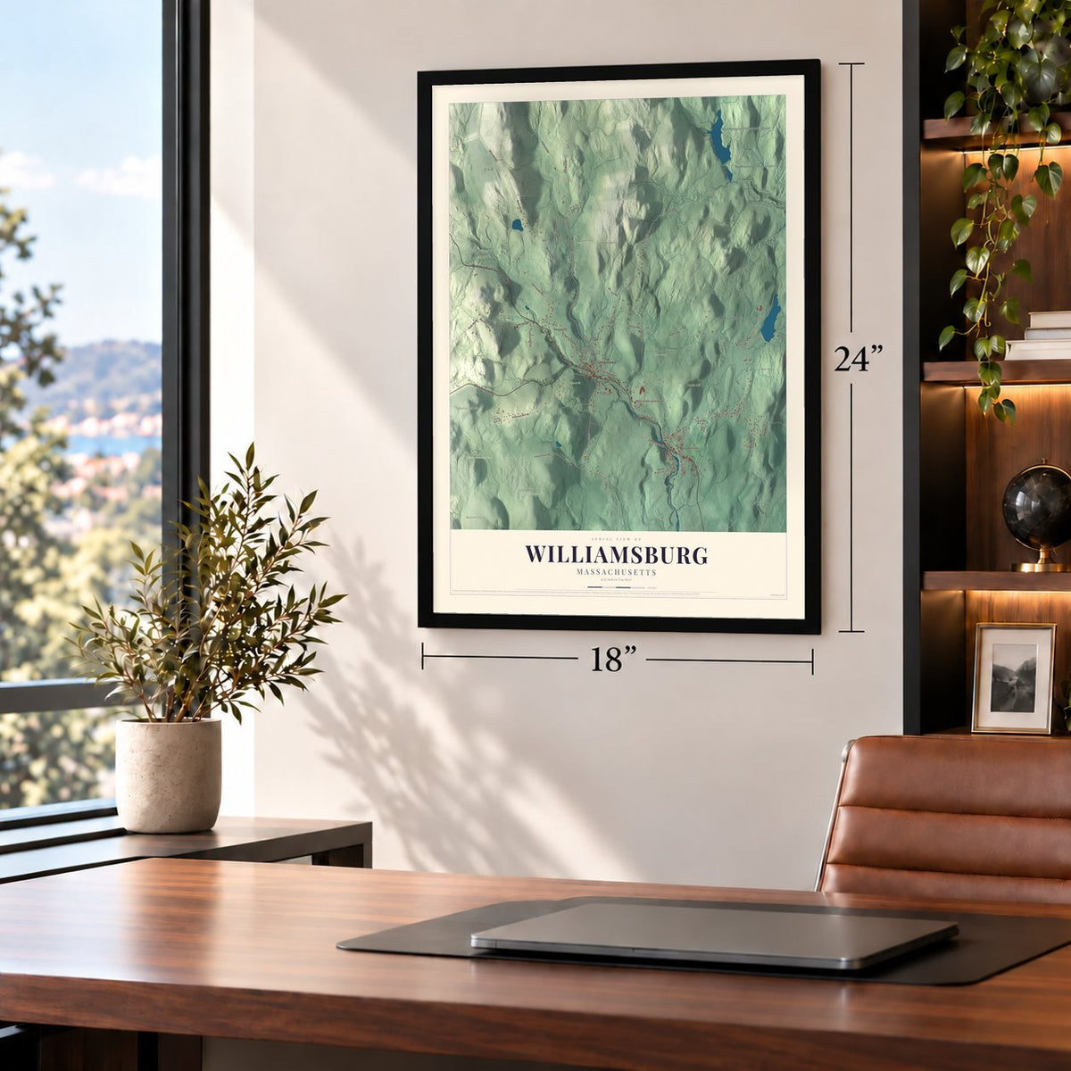 Williamsburg, Massachusetts map, 18 x 24 inch print in a black frame in a home office