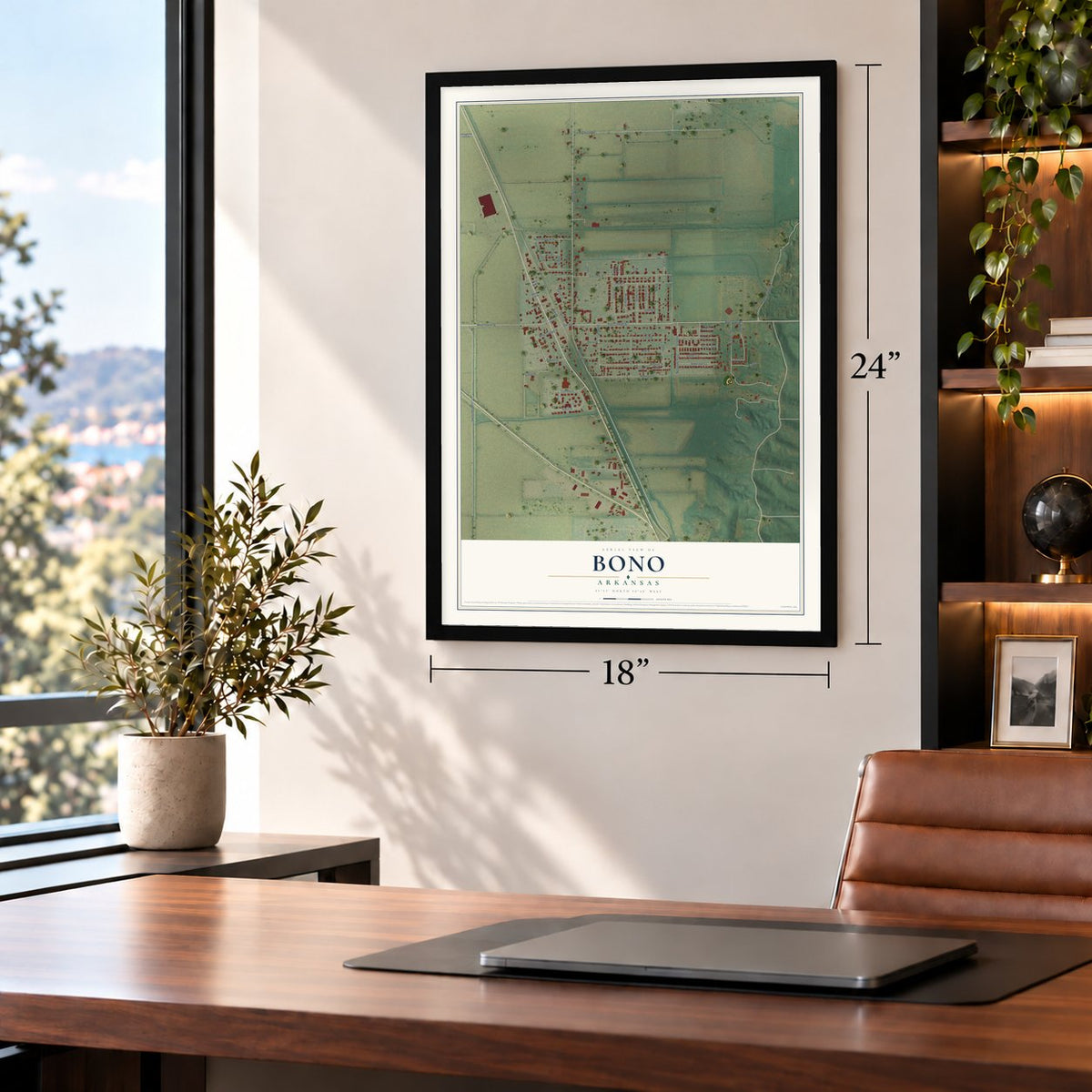 Bono, Arkansas map, 18 x 24 inch print in a black frame in a home office