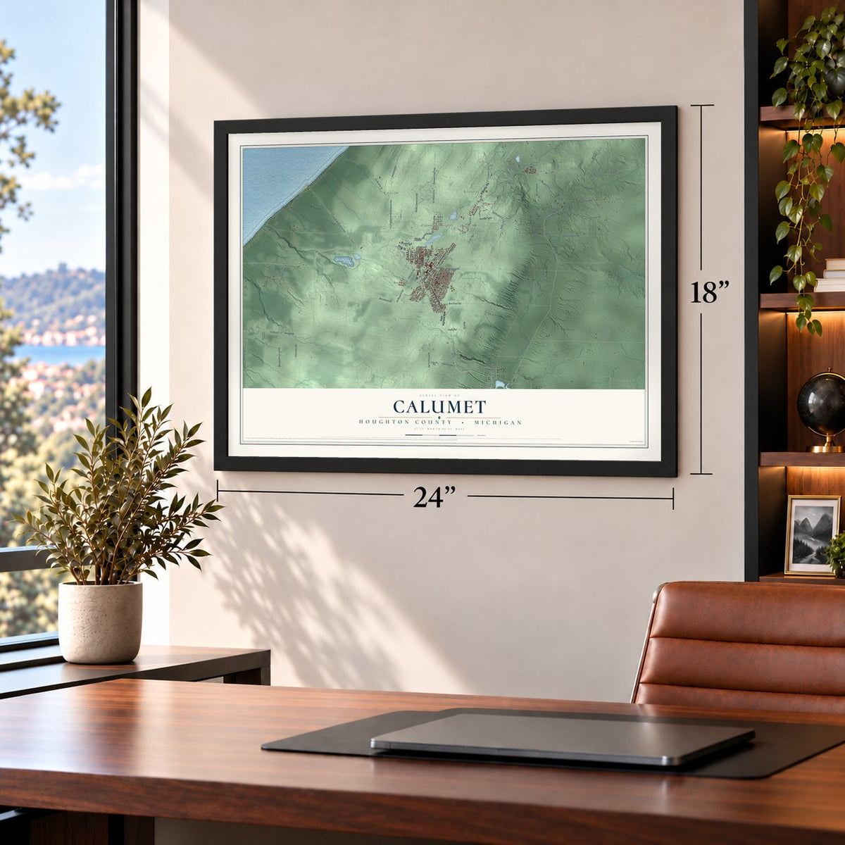 Calumet, Houghton County, Michigan map, 18 x 24 inch print in a black frame in a home office