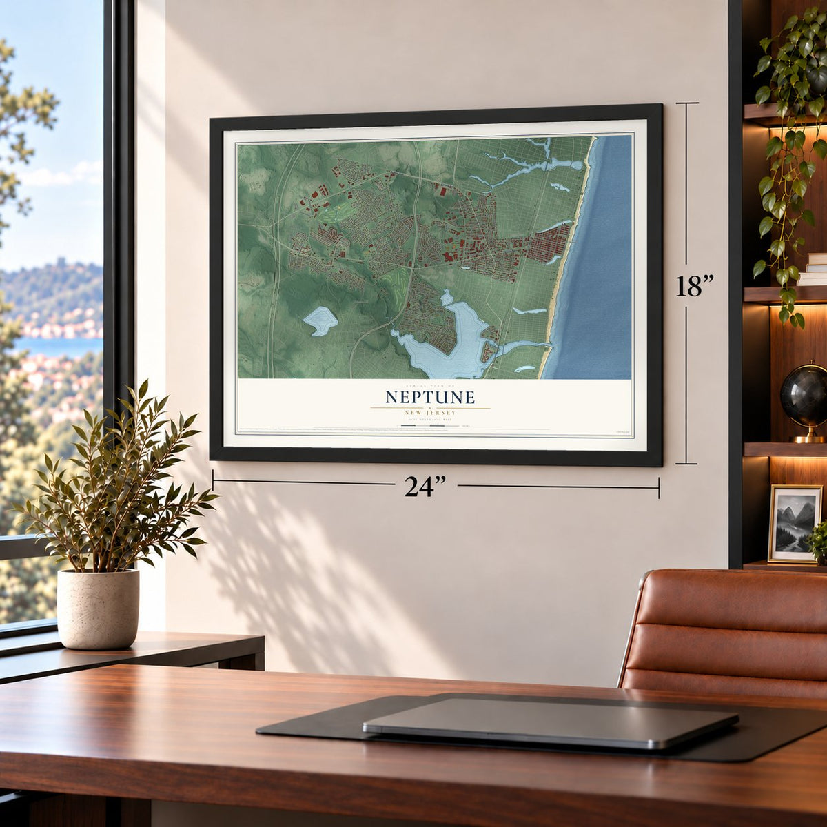 Neptune, New Jersey map, 18 x 24 inch print in a black frame in a home office