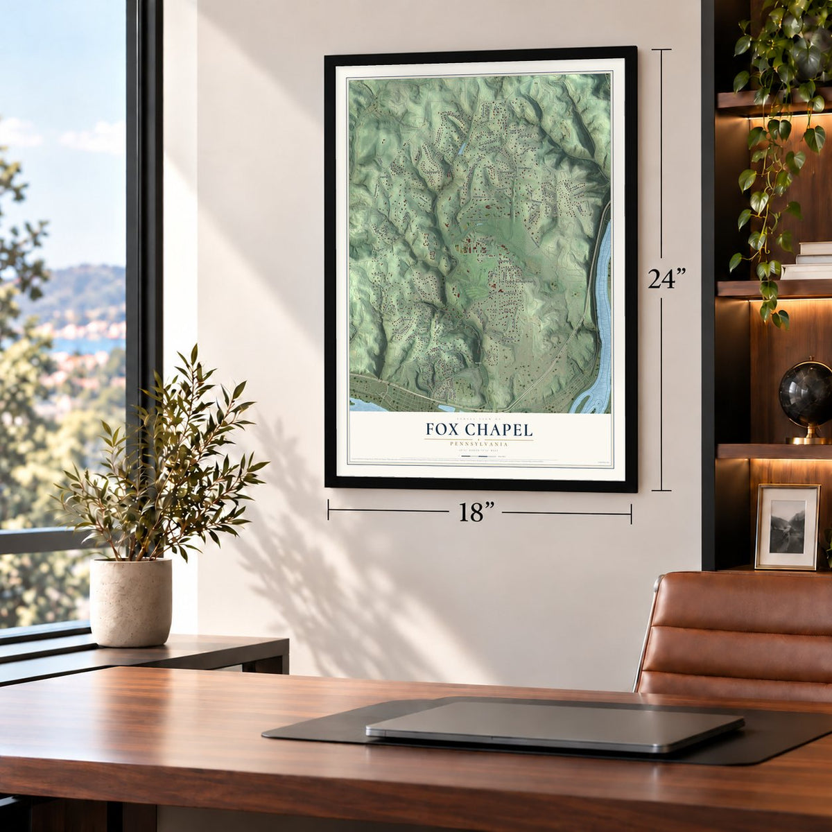 Fox Chapel, Pennsylvania map, 18 x 24 inch print in a black frame in a home office