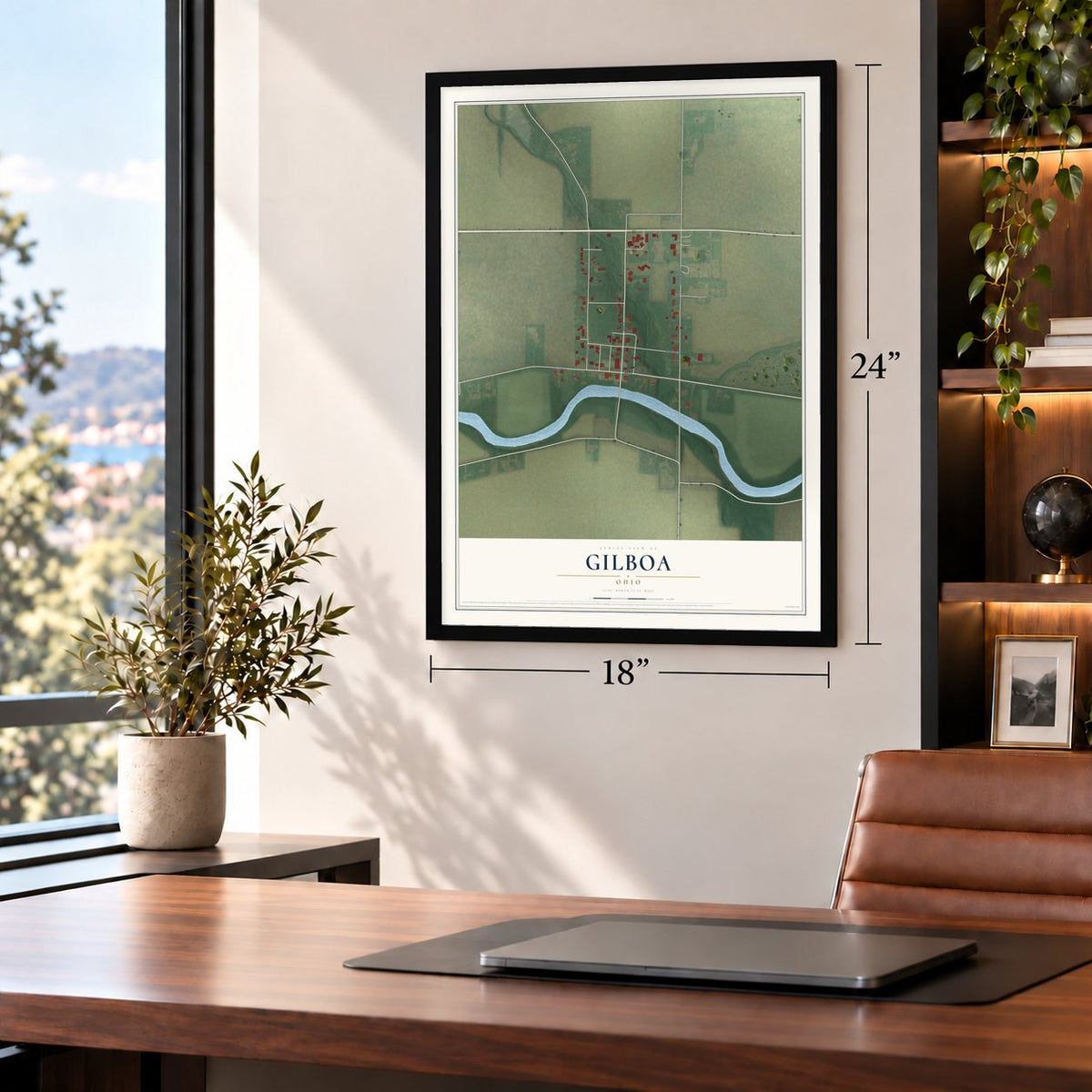 Gilboa, Ohio map, 18 x 24 inch print in a black frame in a home office