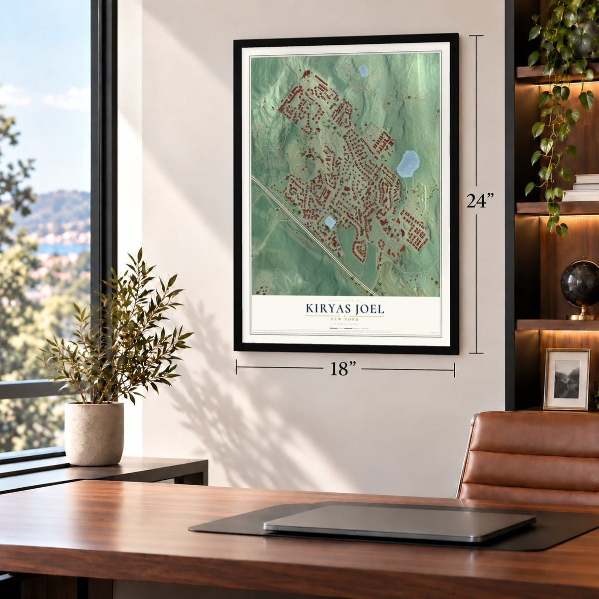 Kiryas Joel, New York map, 18 x 24 inch print in a black frame in a home office
