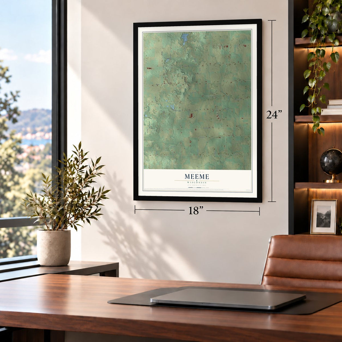 Meeme, Wisconsin map, 18 x 24 inch print in a black frame in a home office
