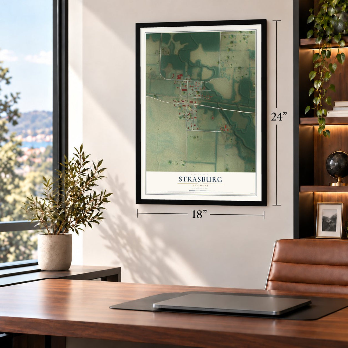Strasburg, Missouri map, 18 x 24 inch print in a black frame in a home office