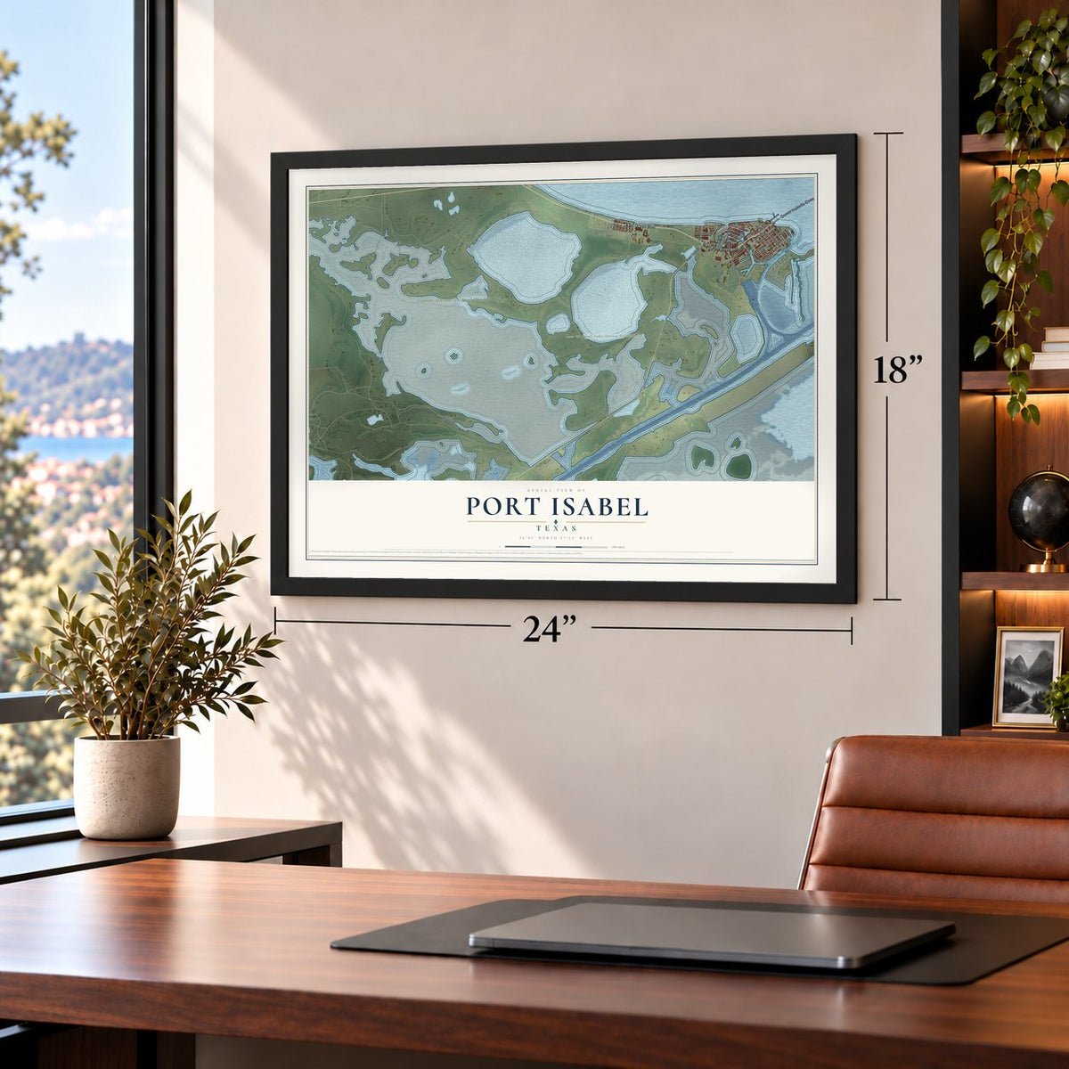 Port Isabel, Texas map, 18 x 24 inch print in a black frame in a home office