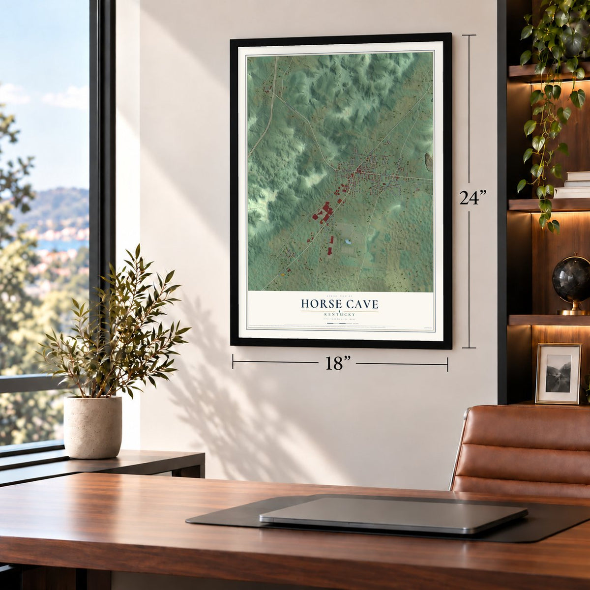 Horse Cave, Kentucky map, 18 x 24 inch print in a black frame in a home office