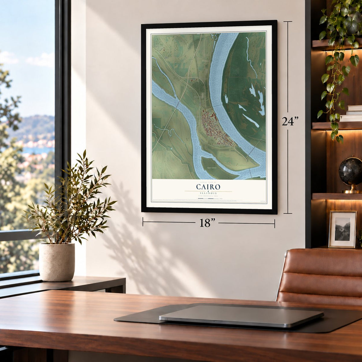 Cairo, Illinois map, 18 x 24 inch print in a black frame in a home office