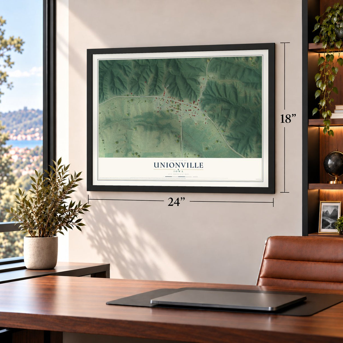 Unionville, Iowa map, 18 x 24 inch print in a black frame in a home office