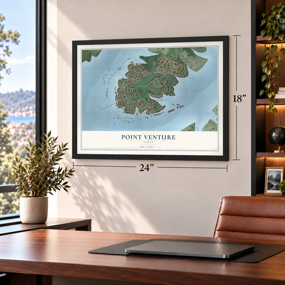 Point Venture, Texas map, 18 x 24 inch print in a black frame in a home office