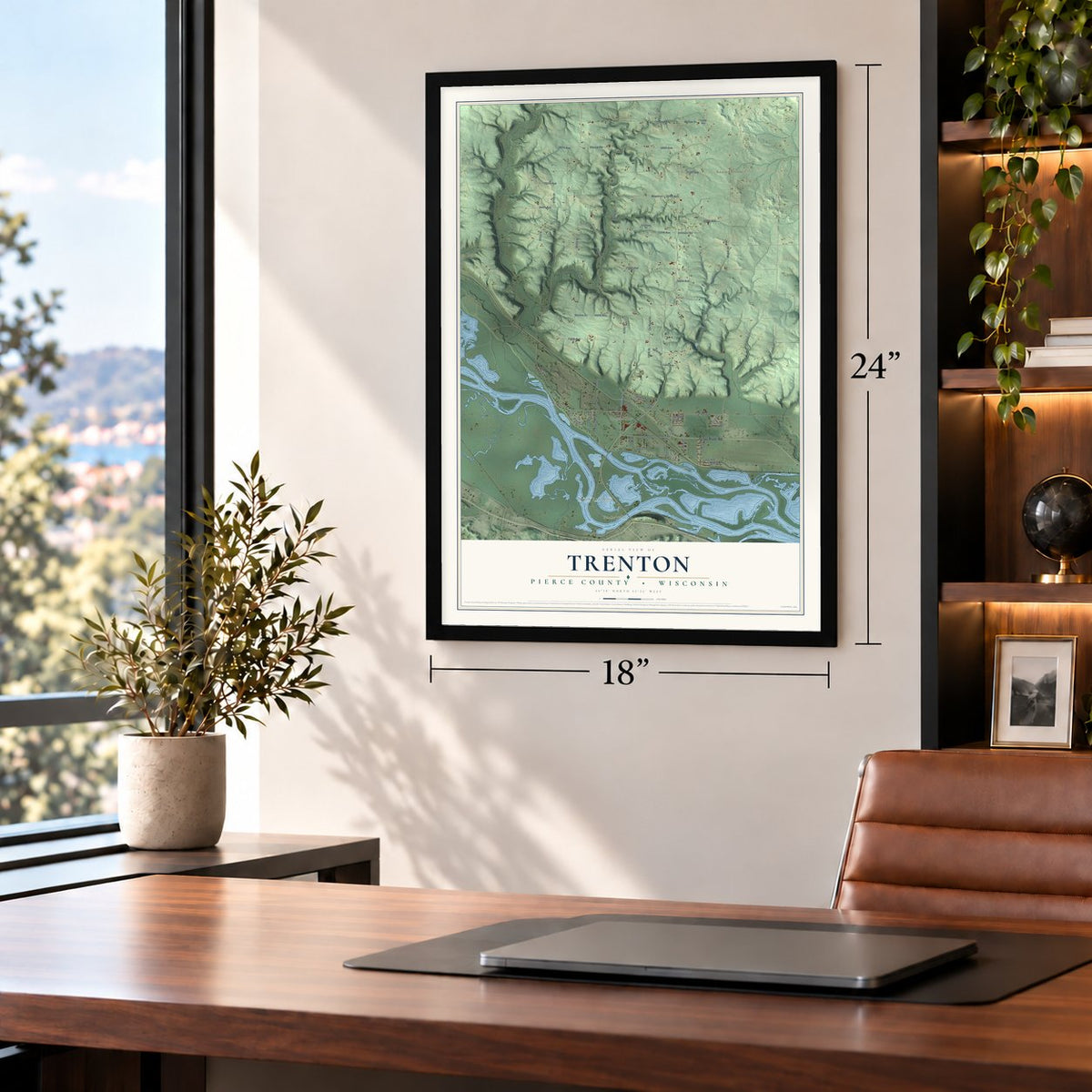 Trenton, Pierce County, Wisconsin map, 18 x 24 inch print in a black frame in a home office