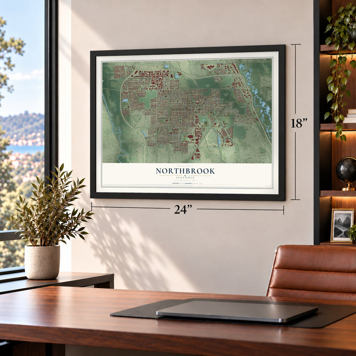 Northbrook, Illinois map, 18 x 24 inch print in a black frame in a home office