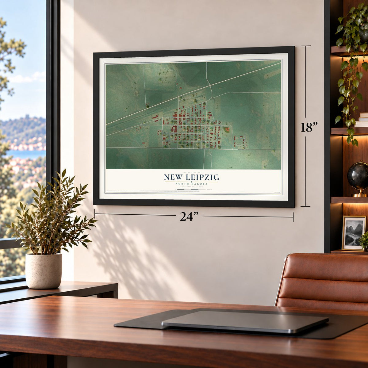 New Leipzig, North Dakota map, 18 x 24 inch print in a black frame in a home office