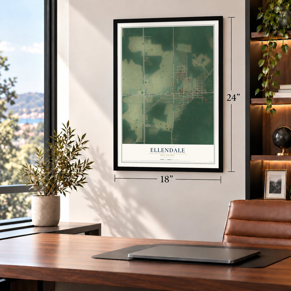 Ellendale, Delaware map, 18 x 24 inch print in a black frame in a home office