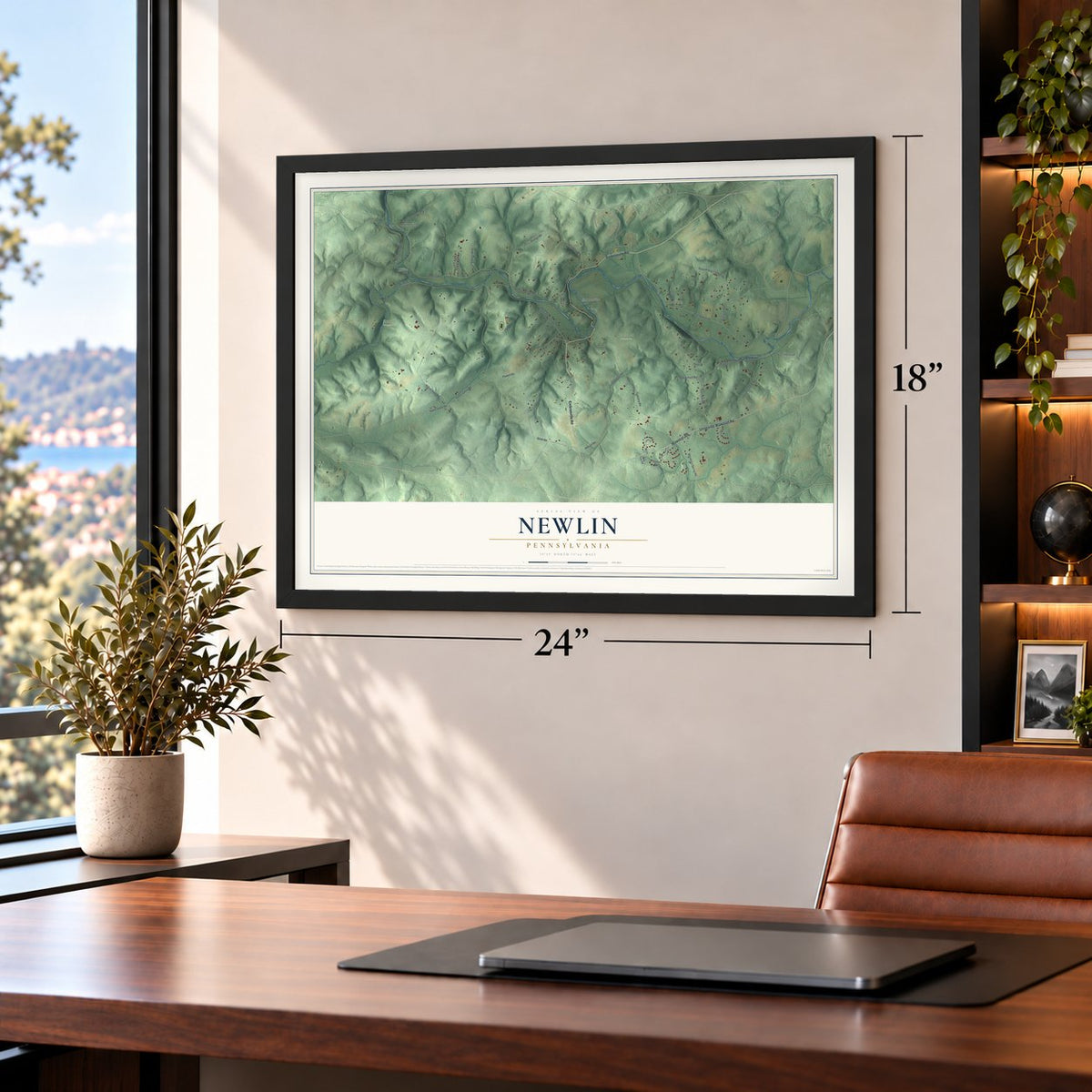 Newlin, Pennsylvania map, 18 x 24 inch print in a black frame in a home office