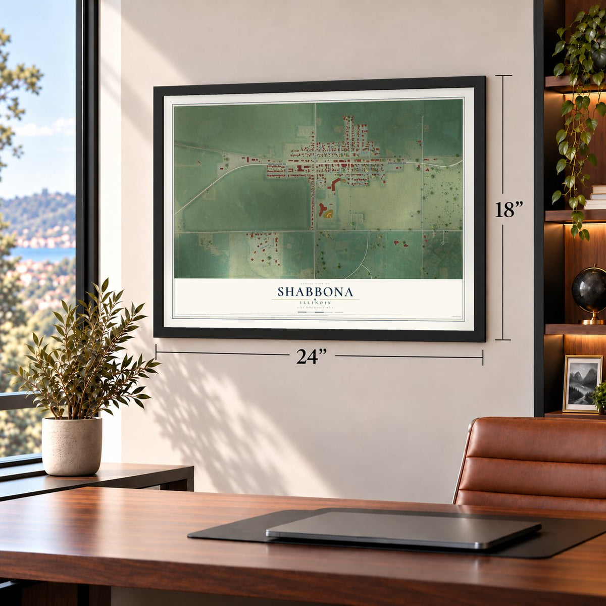 Shabbona, Illinois map, 18 x 24 inch print in a black frame in a home office