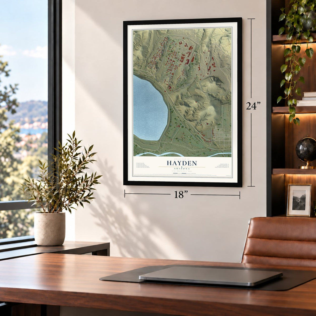 Hayden, Arizona map, 18 x 24 inch print in a black frame in a home office