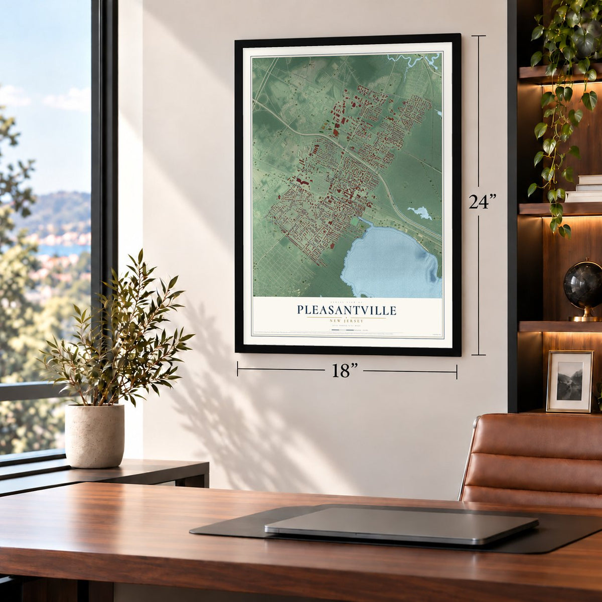 Pleasantville, New Jersey map, 18 x 24 inch print in a black frame in a home office
