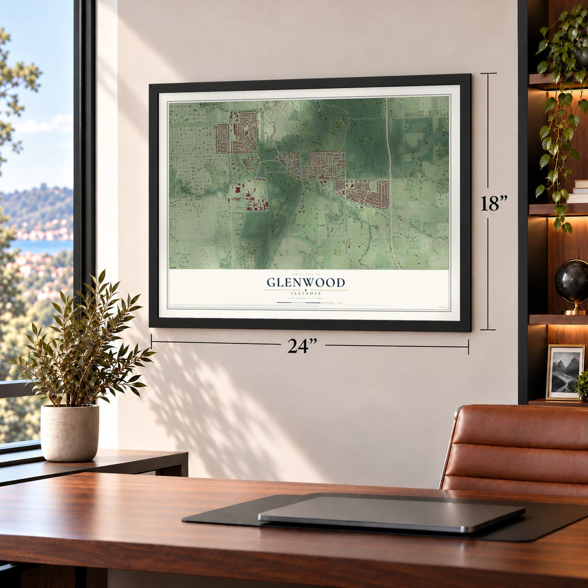 Glenwood, Illinois map, 18 x 24 inch print in a black frame in a home office
