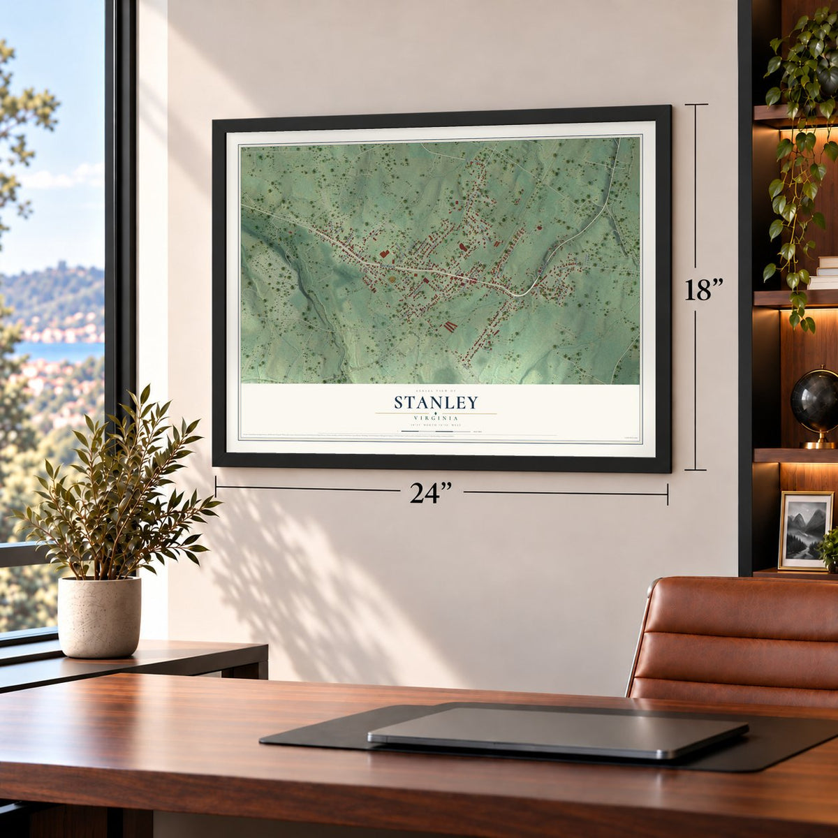 Stanley, Virginia map, 18 x 24 inch print in a black frame in a home office