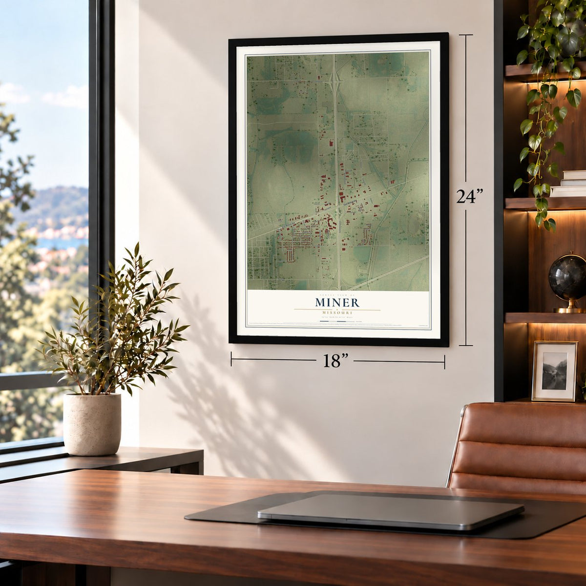 Miner, Missouri map, 18 x 24 inch print in a black frame in a home office