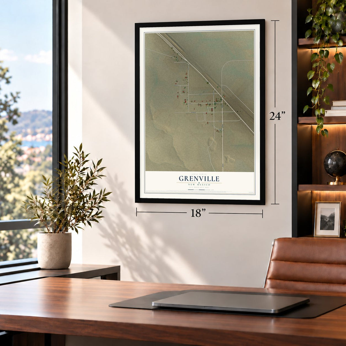 Grenville, New Mexico map, 18 x 24 inch print in a black frame in a home office