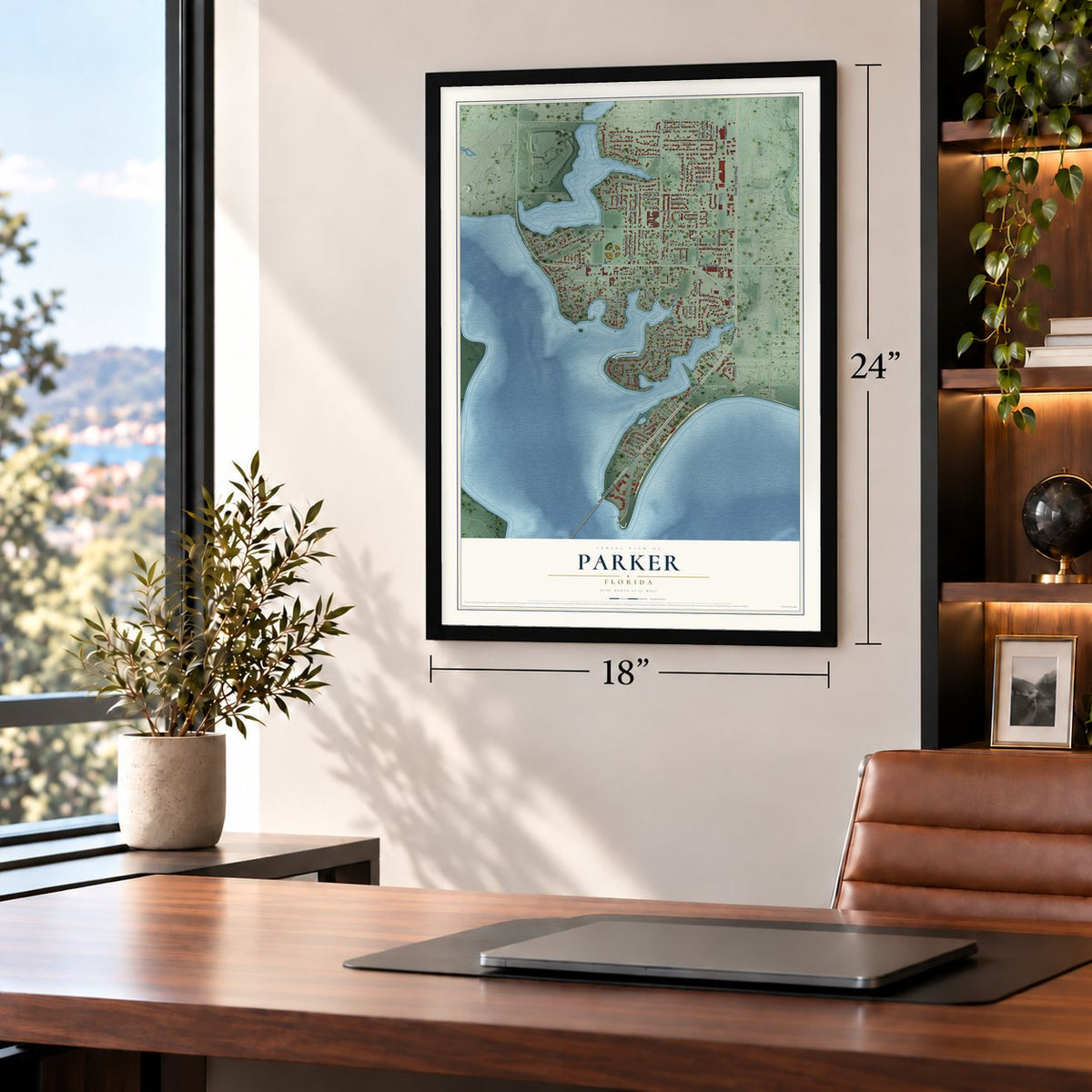 Parker, Florida map, 18 x 24 inch print in a black frame in a home office