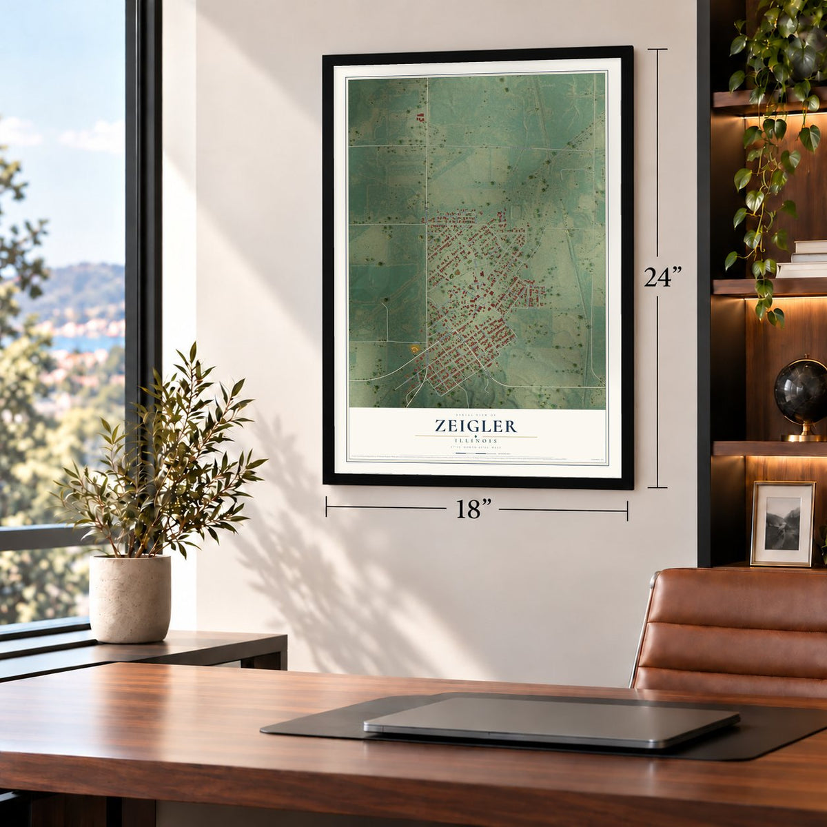 Zeigler, Illinois map, 18 x 24 inch print in a black frame in a home office