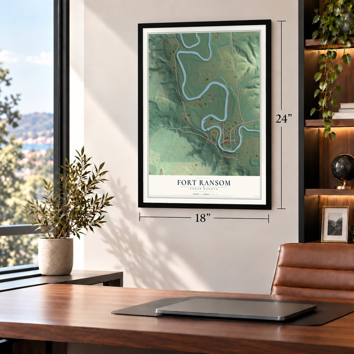 Fort Ransom, North Dakota map, 18 x 24 inch print in a black frame in a home office