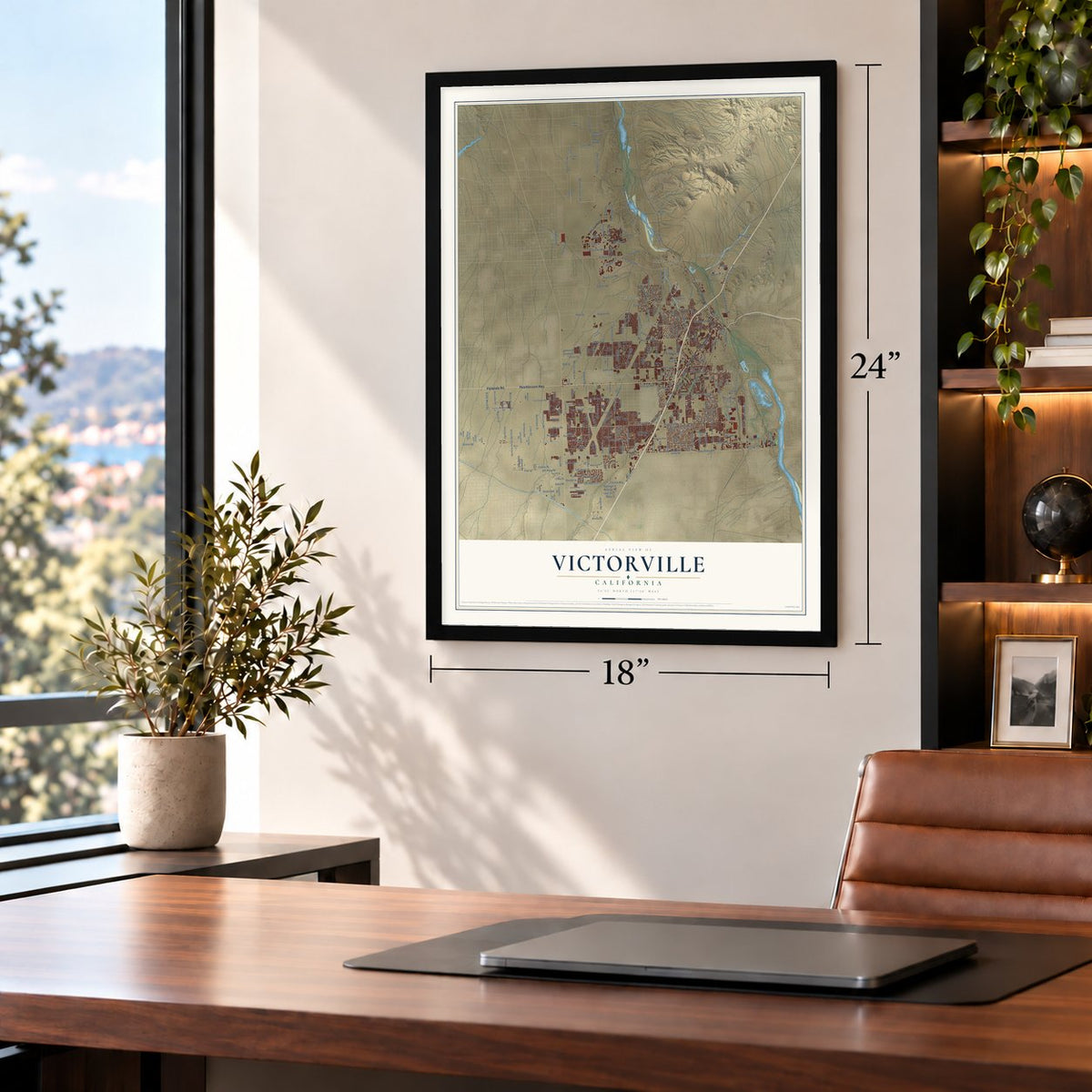 Victorville, California map, 18 x 24 inch print in a black frame in a home office