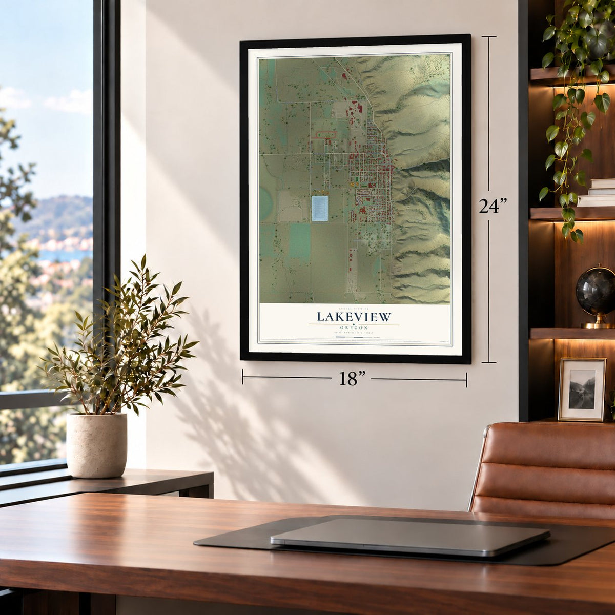 Lakeview, Oregon map, 18 x 24 inch print in a black frame in a home office