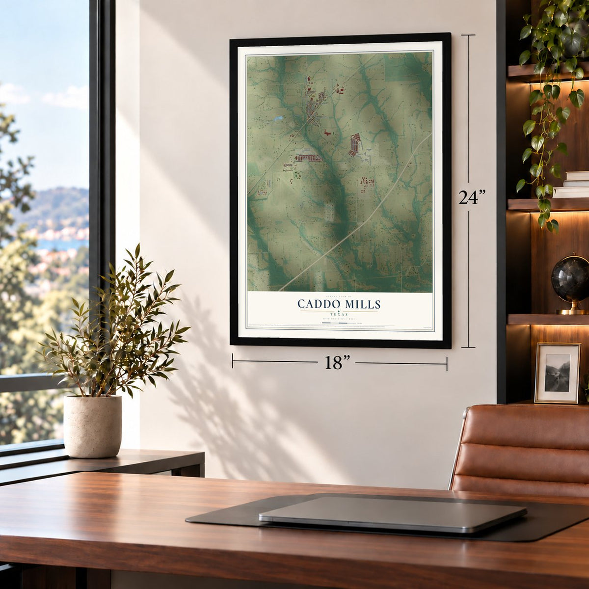 Caddo Mills, Texas map, 18 x 24 inch print in a black frame in a home office