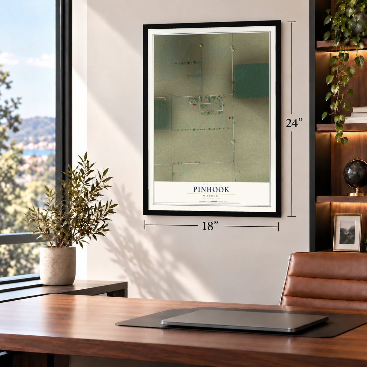 Pinhook, Missouri map, 18 x 24 inch print in a black frame in a home office