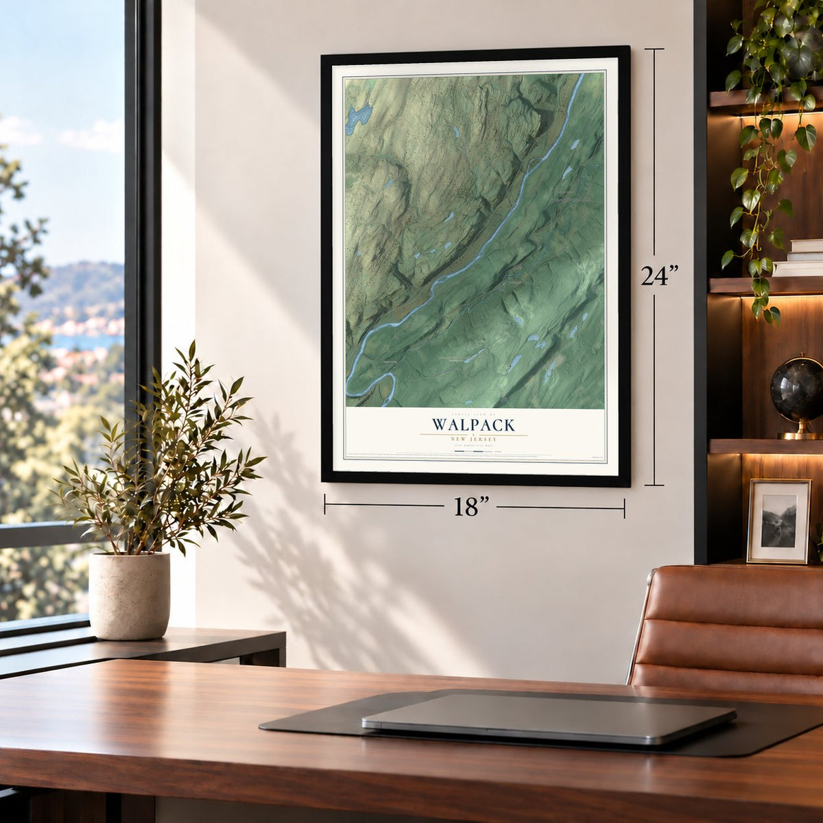 Walpack, New Jersey map, 18 x 24 inch print in a black frame in a home office