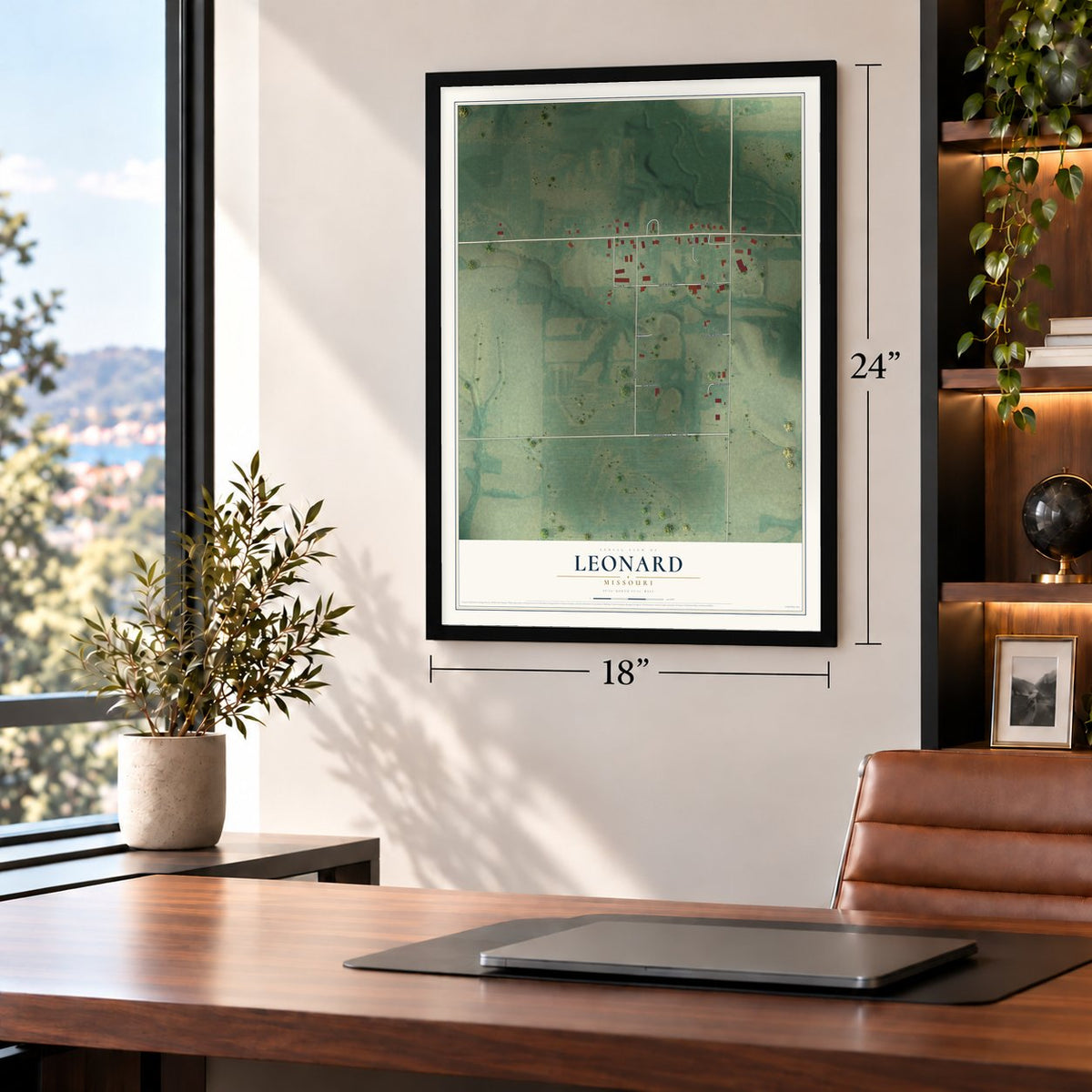Leonard, Missouri map, 18 x 24 inch print in a black frame in a home office