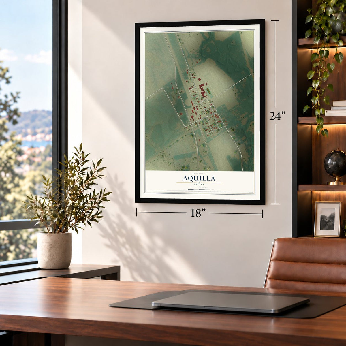 Aquilla, Texas map, 18 x 24 inch print in a black frame in a home office