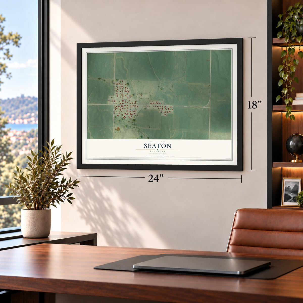 Seaton, Illinois map, 18 x 24 inch print in a black frame in a home office